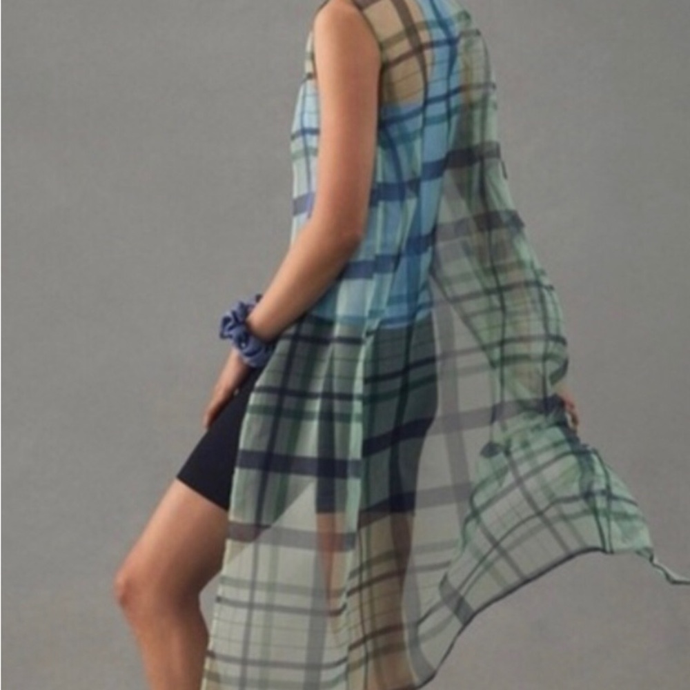 Anthropologie Maeve green sheer‎ chiffon plaid look longline Vest One size new